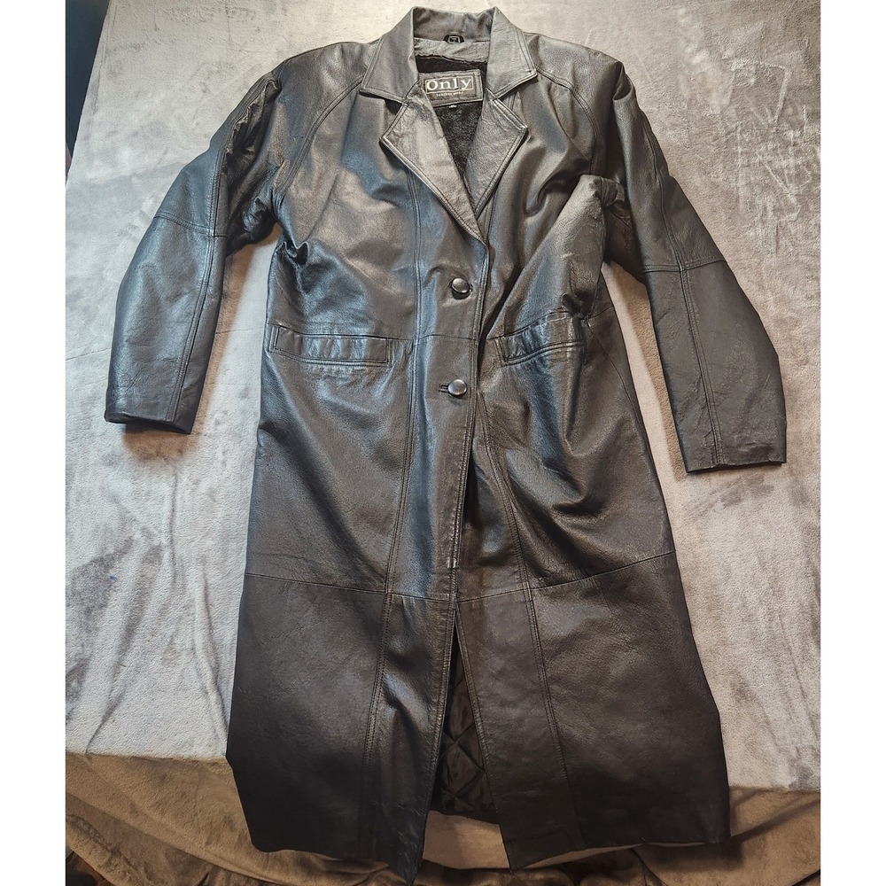 Only Leather Wear Trench Coat Mens XL Black Leather Lined Vintage Goth  90s